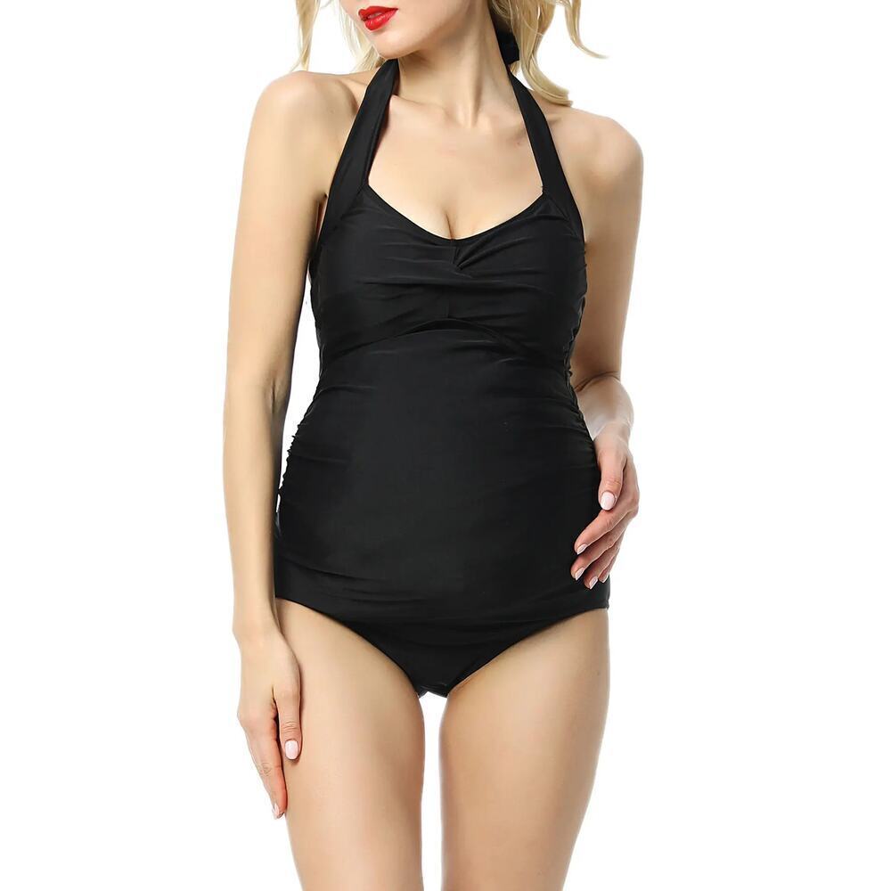 Kimi + Kai Maternity Swimsuit Womens L Black Nancy Tie Halter One Piece NWT